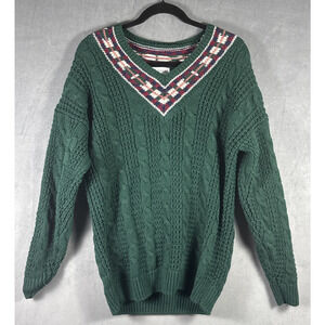 Vintage Weathervane Ramie Cotton Green Cable Knit V Neck Sweater Women's‎ Medium